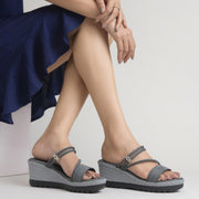 Women’s Denim-Textured Wedge Heel Slip-On Sandals